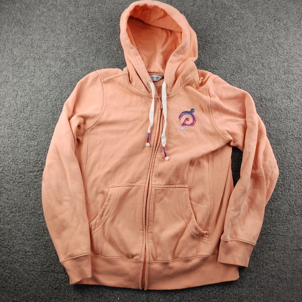Peloton Womens Full Zip Hoodie Peach Coral Fleece Logo Jacket Large Bike Gym